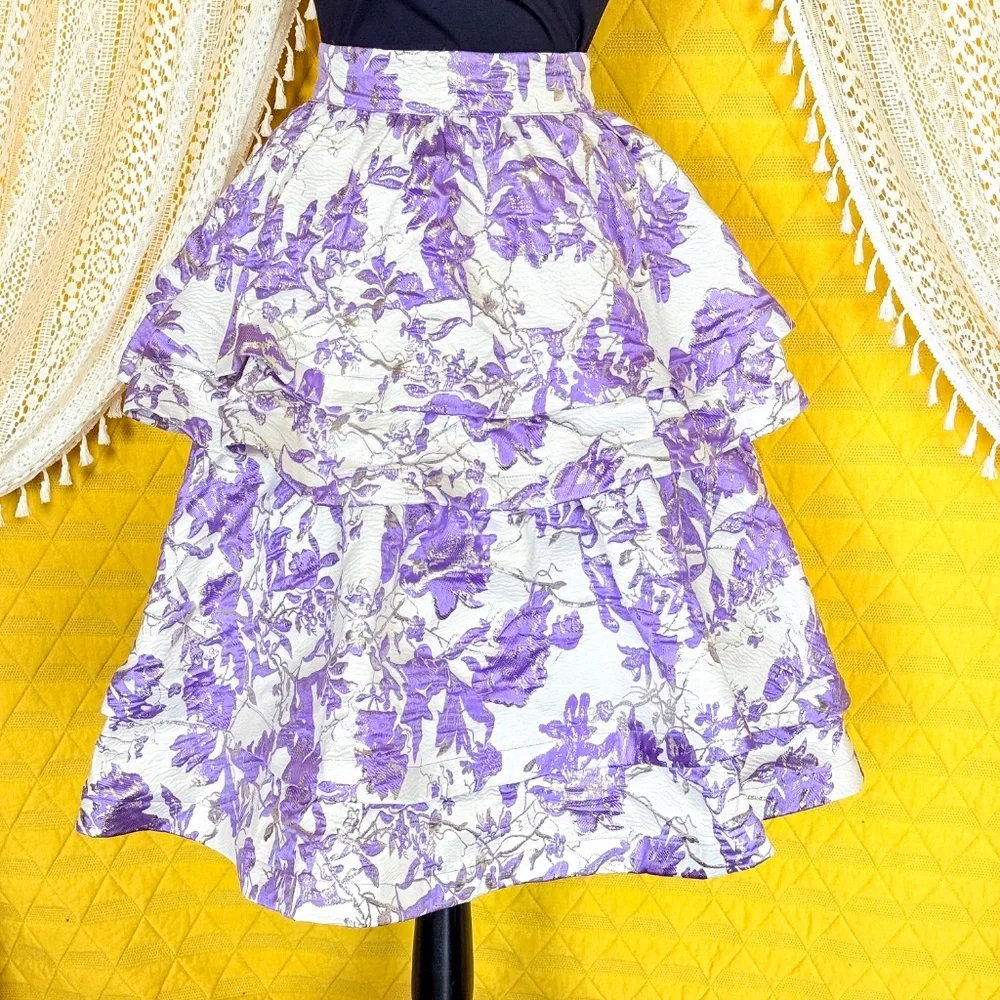 Buru Teagan Lavender Ruffle Tiered Brocade Midi Statement Dopamine Skirt Size S - Picture 4 of 15